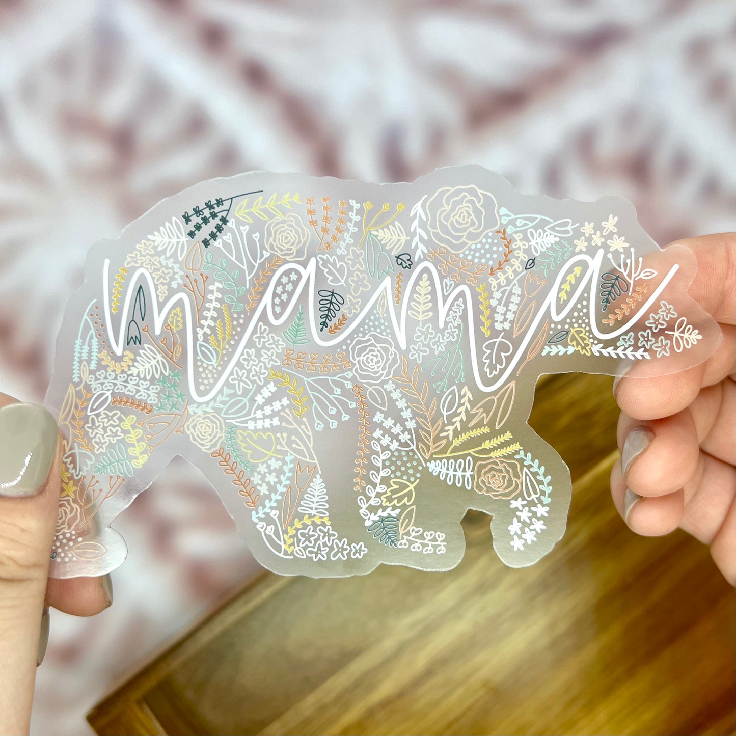 Clear Colorful Mama Bear Floral Sticker. Weatherproof Sticker. Vinyl Matte Sticker.