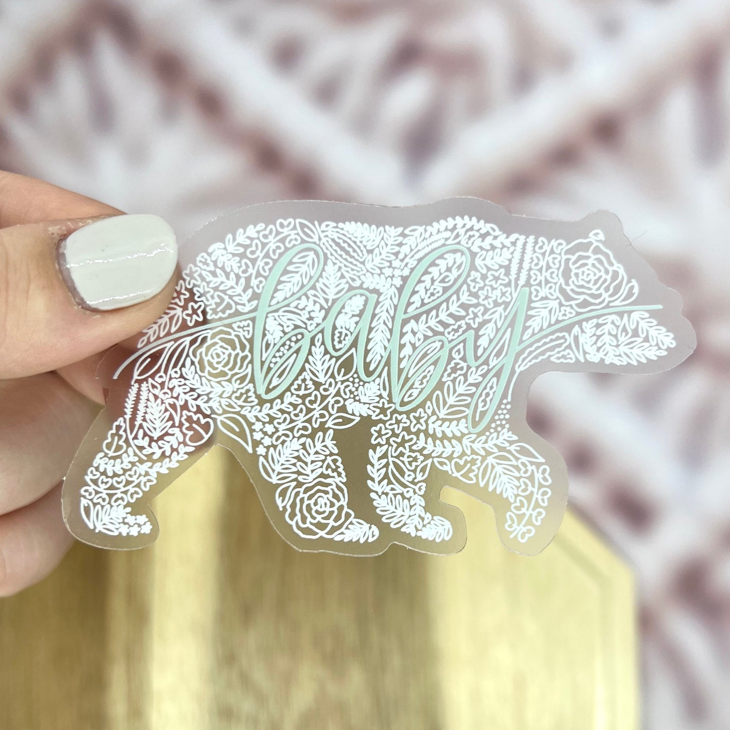 Clear Baby Bear Floral Sticker. Weatherproof Sticker. Vinyl Matte Sticker.