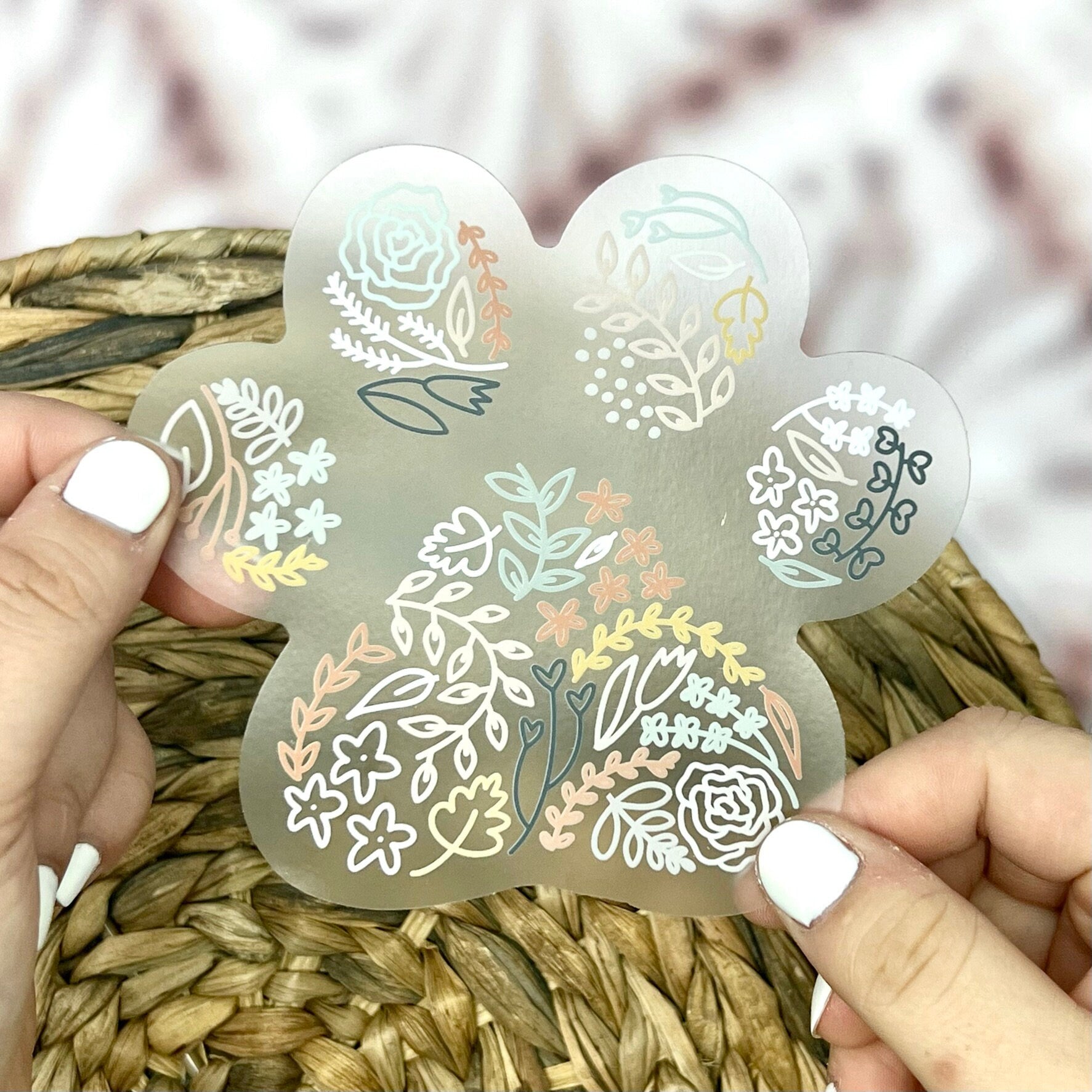Colorful Paw Print Sticker. Clear Matte Weatherproof Sticker. Floral Vinyl Sticker.