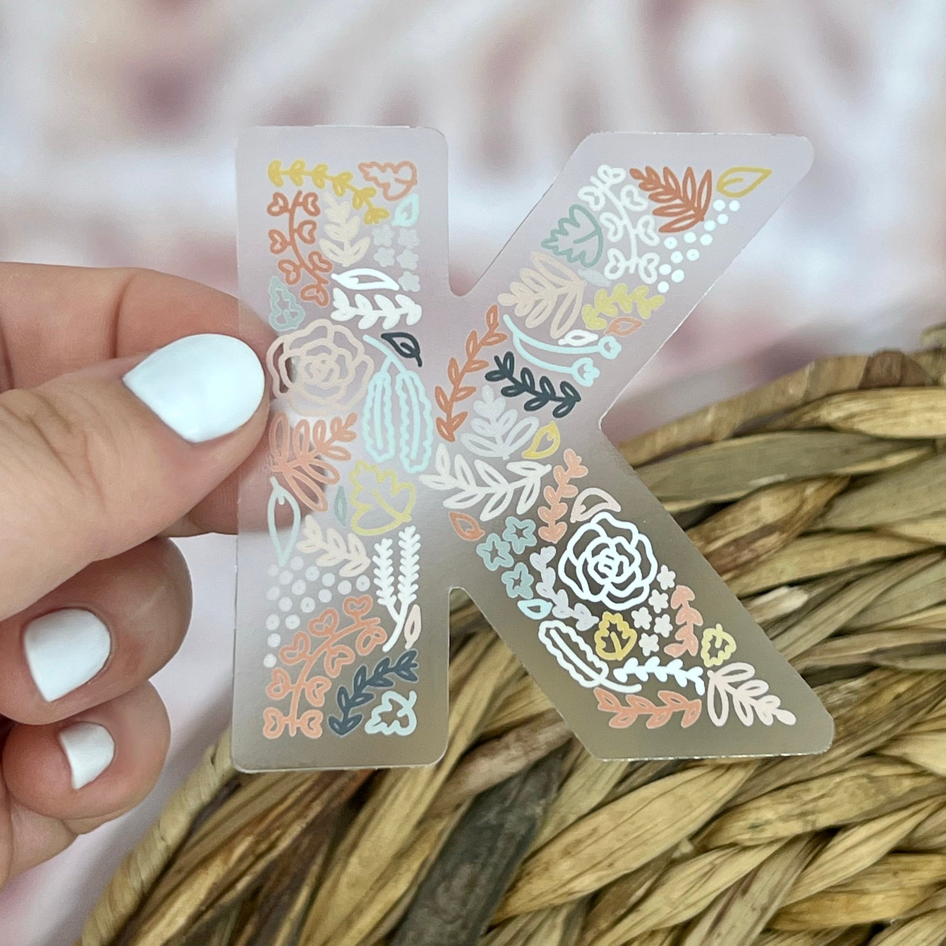 Floral K Sticker. Clear Matte Letter Sticker. Weatherproof Vinyl Sticker.