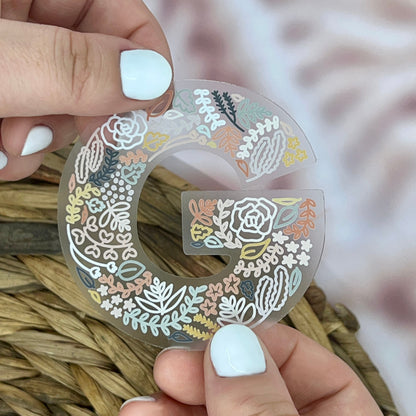 Floral G Sticker. Clear Matte Letter Sticker. Weatherproof Vinyl Sticker.