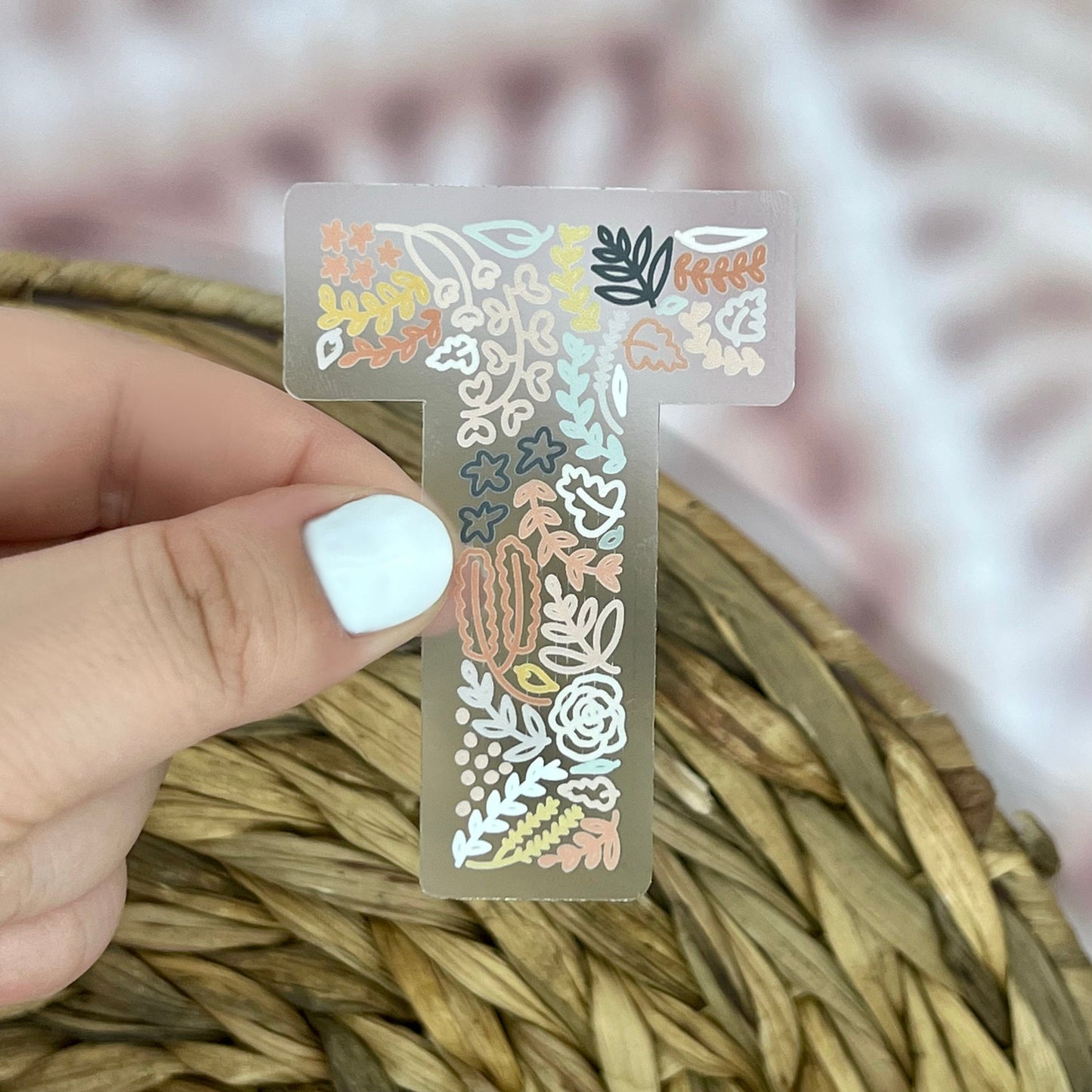 Floral T Sticker. Clear Matte Letter Sticker. Weatherproof Vinyl Sticker.