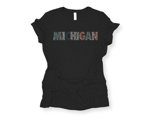 MICHIGAN Tee: Black with Colorful Letters. Michigan TShirt. Women’s Apparel. Lightweight T Shirt.