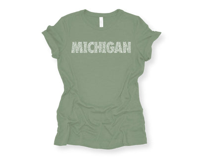 MICHIGAN Tee: Green with White Letters. Michigan TShirt. Women’s Apparel. Lightweight T Shirt.