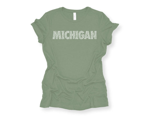 MICHIGAN Tee: Green with White Letters. Michigan TShirt. Women’s Apparel. Lightweight T Shirt.